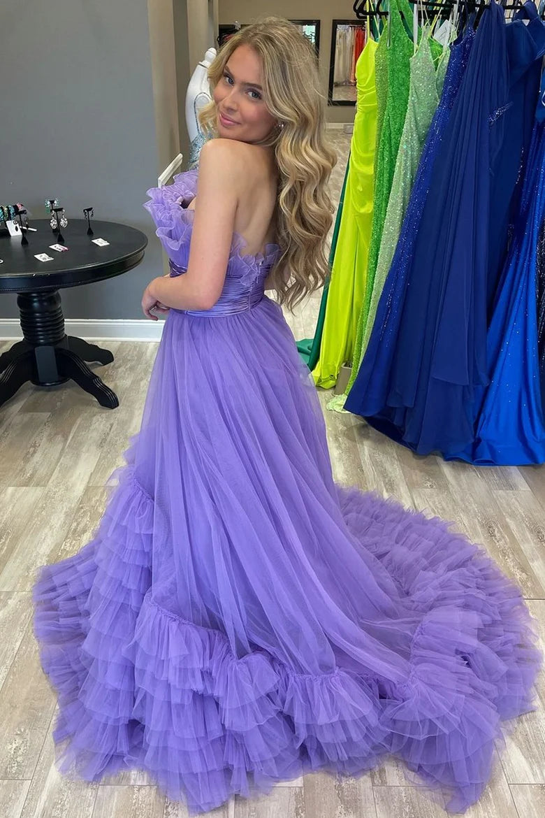Organza Strapless Belted A-Line Tiered Prom Dress with Ruffles