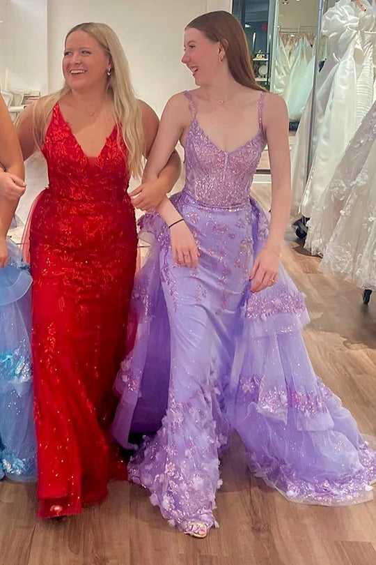 Sequin Lace V-Neck Pageant Dress with Attached Train