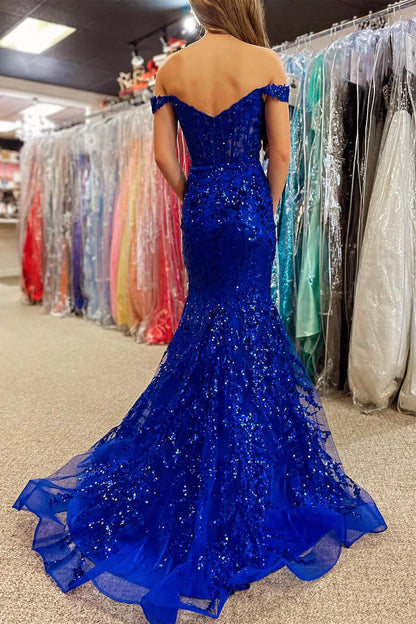 Off-the-Shoulder  Sequin Lace Mermaid Long Dress with Slit