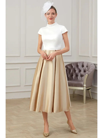 A-Line Mother of the Bride Dress Elegant High Neck Tea Length Polyester Short Sleeve with Pleats Ruching