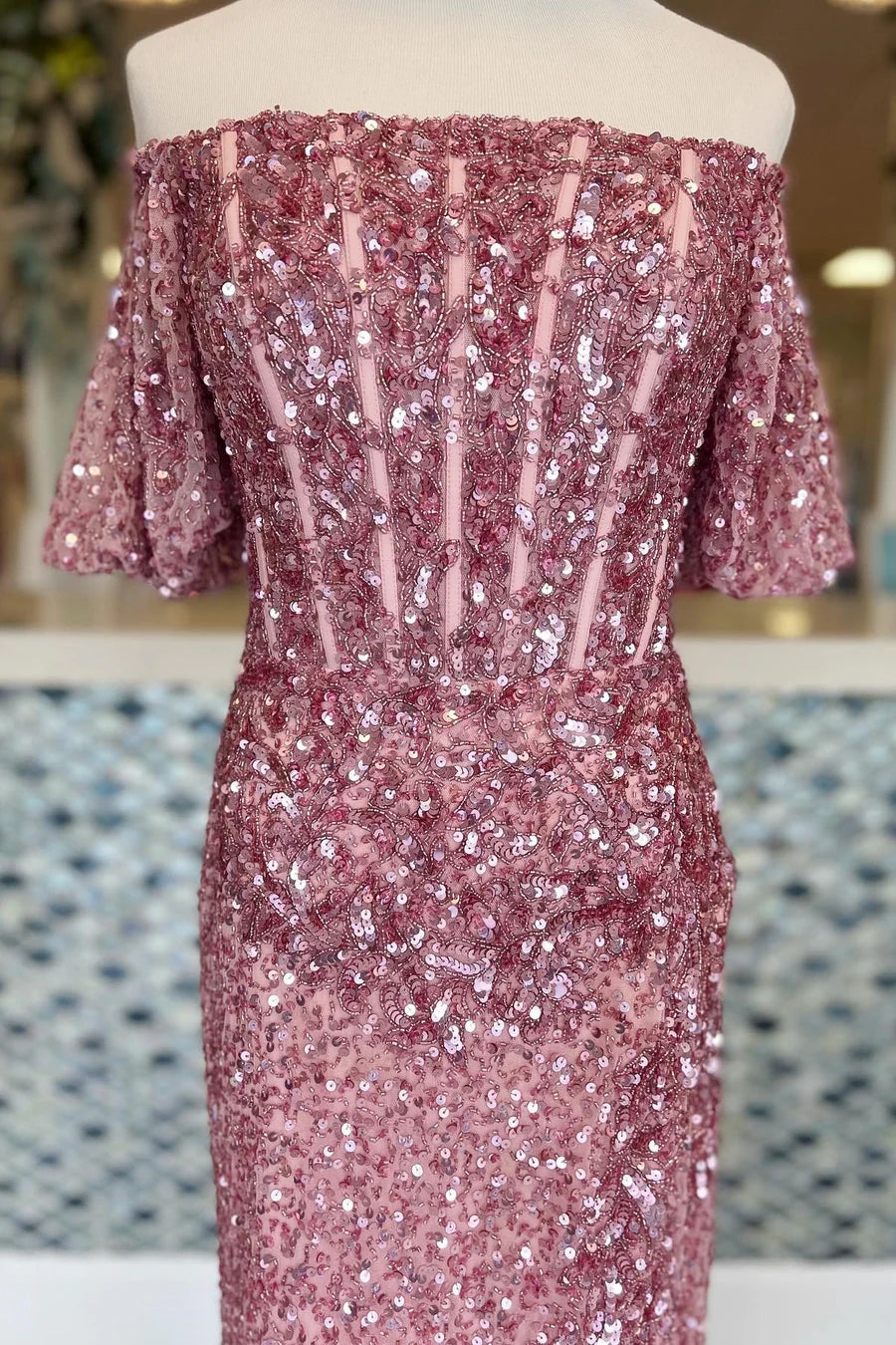 Sequin Off-the-Shoulder Long Formal Dress with Puff Sleeves and Slit