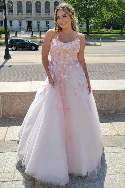 Tulle Lace-Up Back Ball Gown with 3D Floral Lace