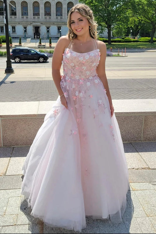 Tulle Lace-Up Back Ball Gown with 3D Floral Lace