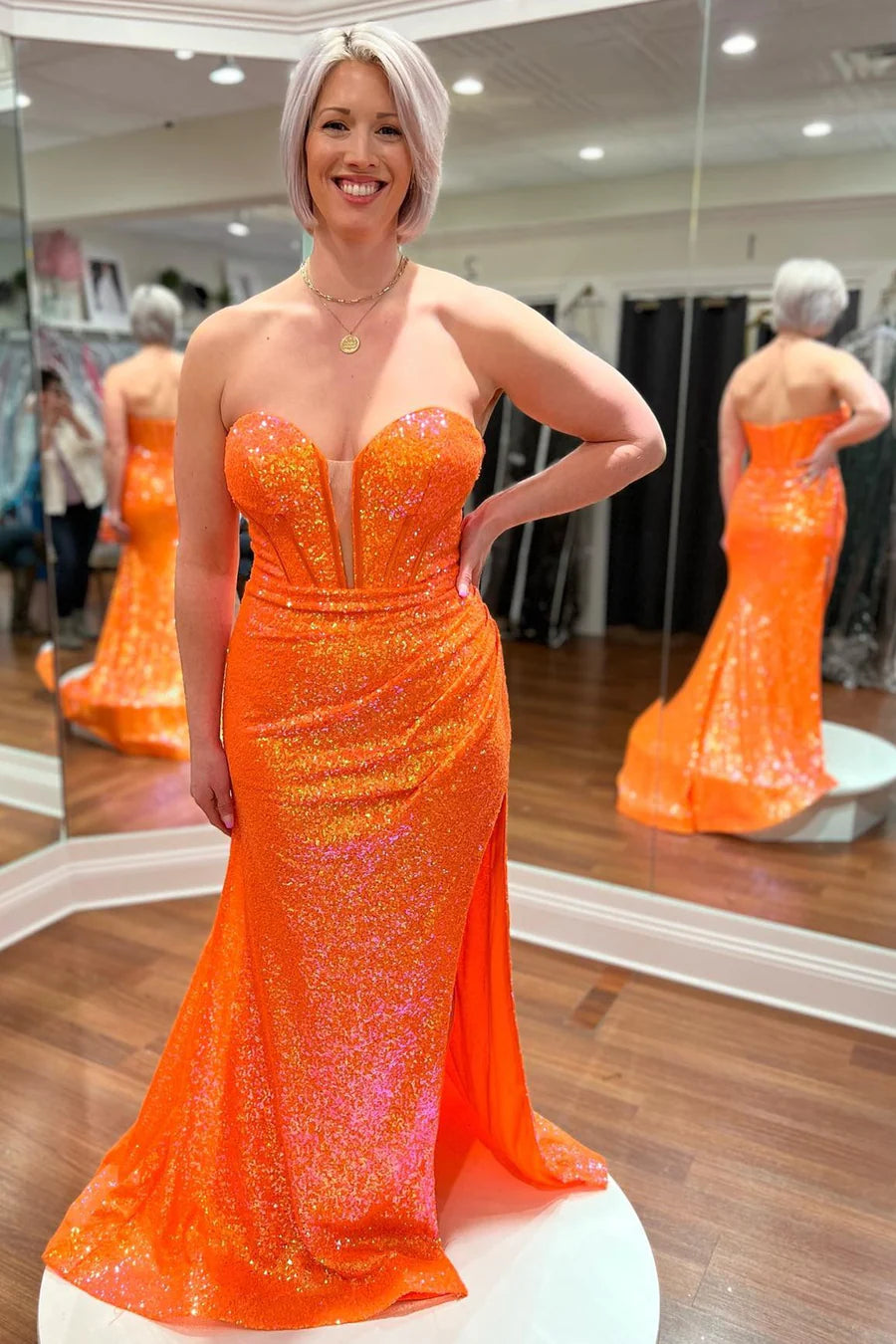 Sequin Strapless Mermaid Long Prom Dress with Balloon Sleeves