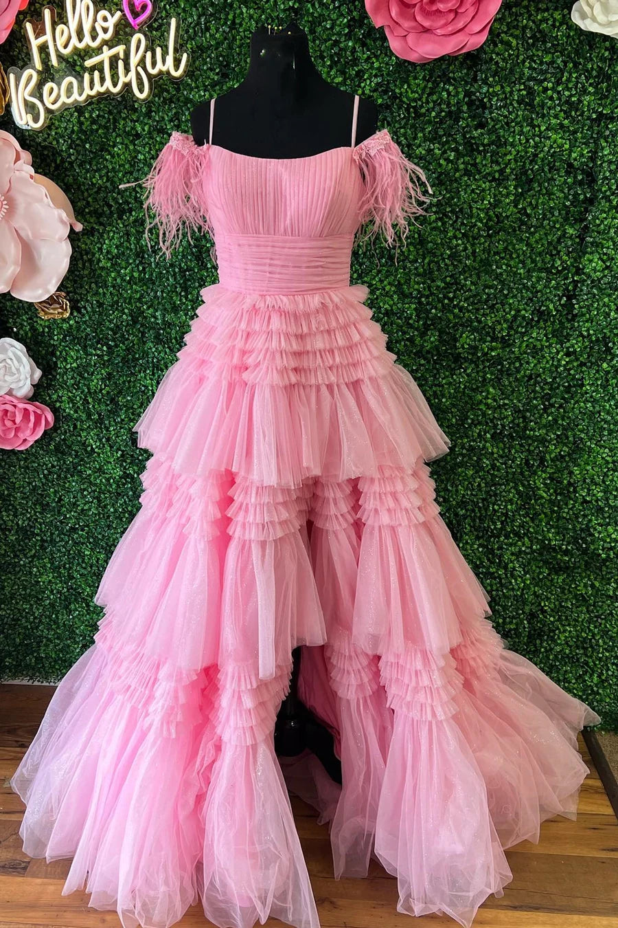 Feather Cold-Shoulder Tiered Long Prom Dress with Ruffles