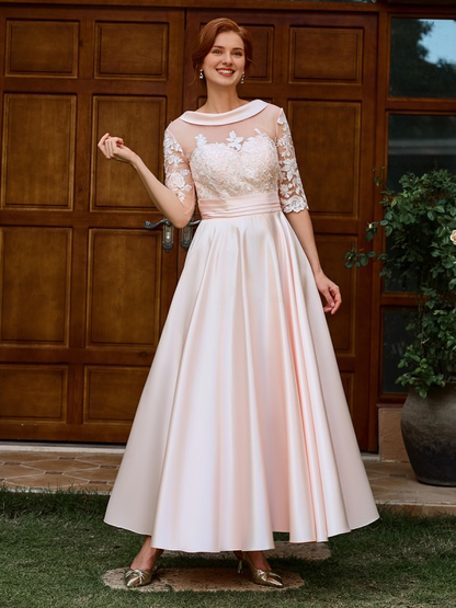 My Hers Exquisite Elegant Mother of the Bride Dress A-line Appliques Lace Ankle-Length Satin 1/2 Sleeves  Dignified Dress Wedding Guests Dresses