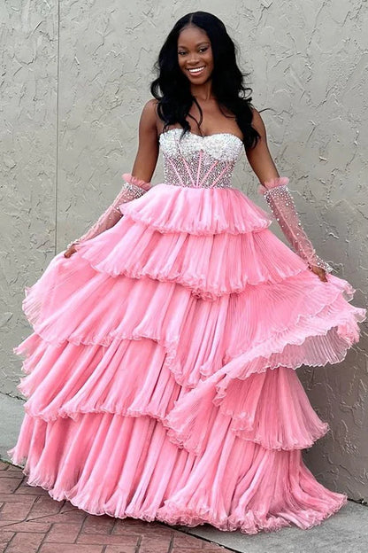 Beaded Sweetheart Tiered Long Gown with Detachable Sleeves