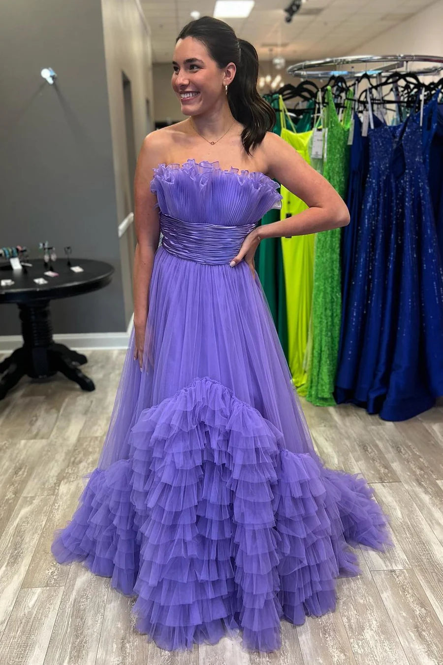 Organza Strapless Belted A-Line Tiered Prom Dress with Ruffles