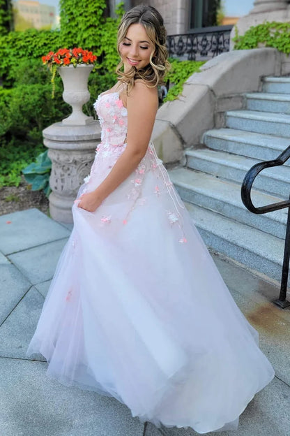 Tulle Lace-Up Back Ball Gown with 3D Floral Lace