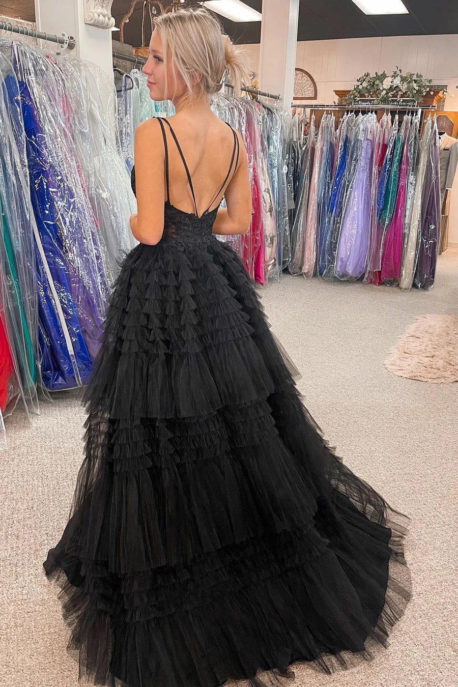 High-Low Tulle Plunge V Tiered Formal Gown with Ruffles
