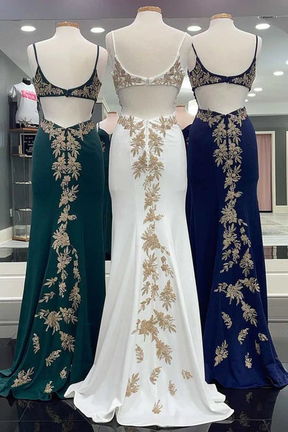 V-Neck Appliques Backless Mermaid Long Formal Dress