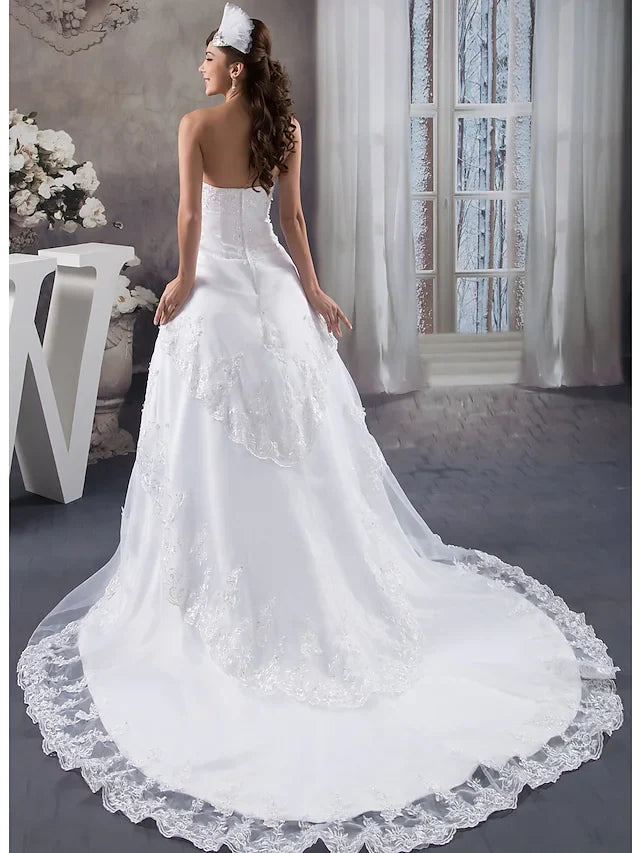 A-Line Wedding Dresses Strapless Chapel Train Lace Organza Satin Strapless with Beading Appliques Cascading Ruffles