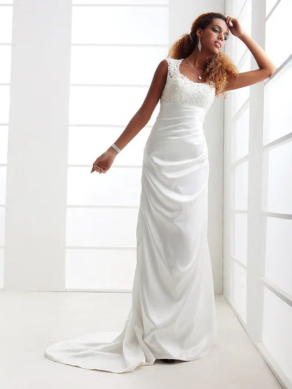 Wedding Dresses Scoop Neck Charmeuse Beaded Lace Cap Sleeve Simple Backless with Appliques