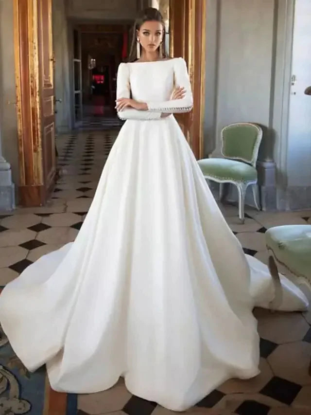 A-Line Wedding Dresses Bateau Neck Court Train Polyester Long Sleeve Simple Backless Elegant