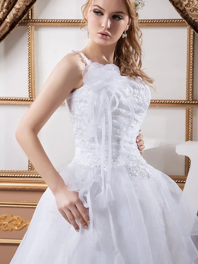 A-Line Wedding Dresses One Shoulder Court Train Lace Organza Satin Spaghetti Strap with Ruched Lace Insert Cascading Ruffles