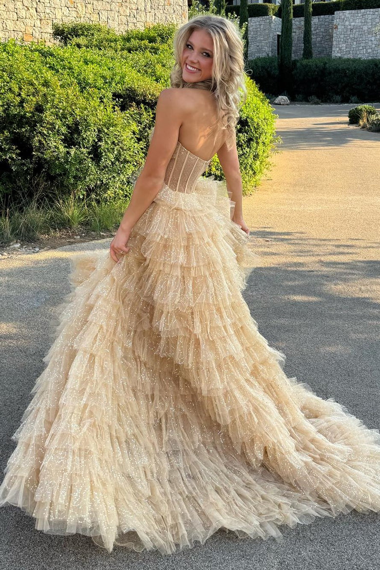 Strapless Tulle Sequin A-Line Prom Gown
