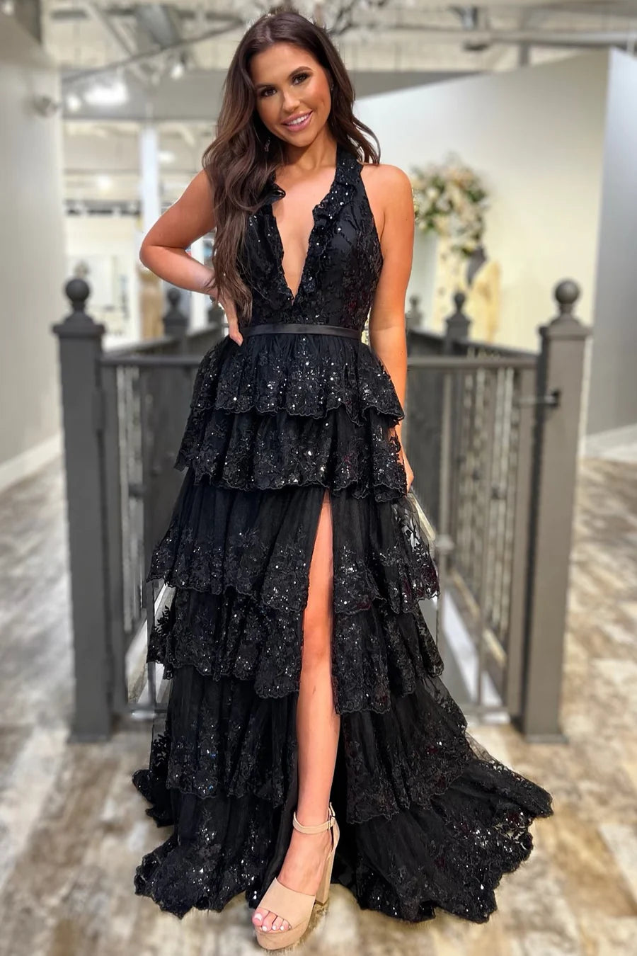 Tulle Appliques Halter Ruffle Tiered Long Prom Dress