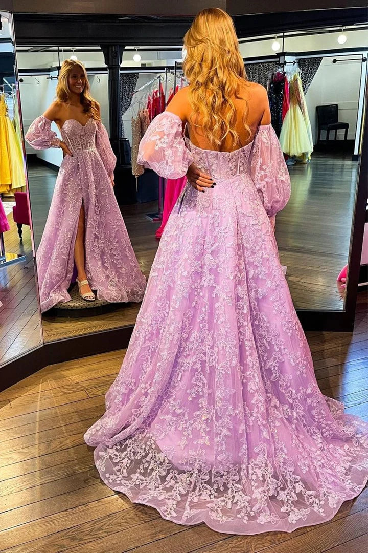 Sparkle Princess  Bustier Puff Sleeve Lace Long Prom Gown