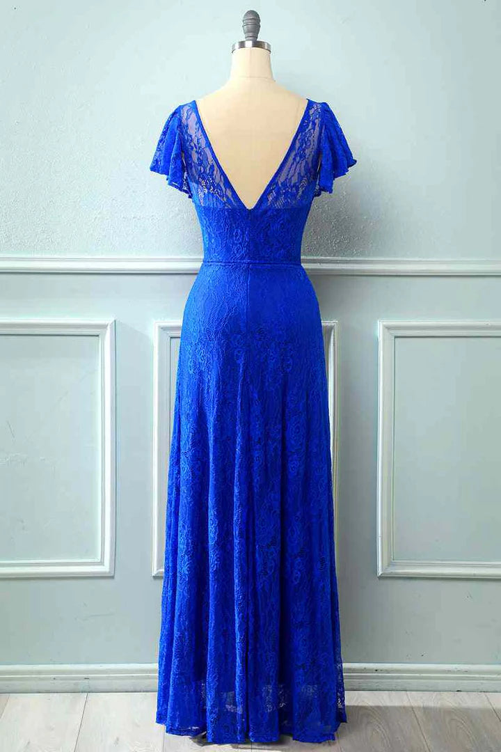 Royal Blue Round neck Lace Backless Cap Retract your waist Sleeve Bridesmaid Dress ﻿