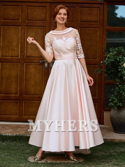 My Hers Exquisite Elegant Mother of the Bride Dress A-line Appliques Lace Ankle-Length Satin 1/2 Sleeves  Dignified Dress Wedding Guests Dresses