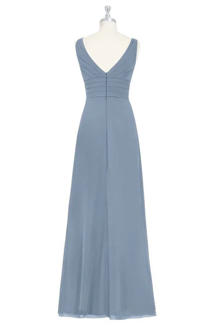 Dusty Blue V-Neck Backless Ruffled Retract your waist Long Bridesmaid Dress