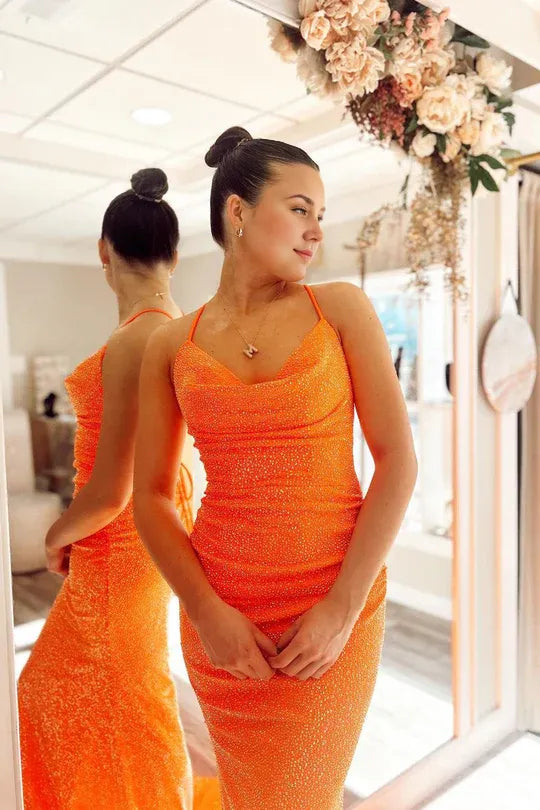 Orange Coel Neck Spaghetti Strap Sequin Mermaid Lace-Up Back Long Prom Dress