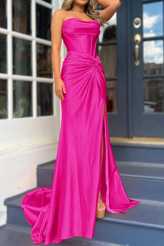 Fuchsia Mermaid Strapless Off-the-Shoulder Corset Lace-Up Back Prom Dress with Split Front