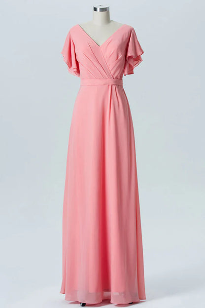 Pink V-Neck Chiffon Ruffled Sleeves Backless Bridesmaid Dress