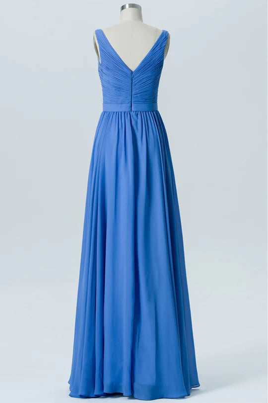 Cobalt Blue V-Neck Chiffon Sleeveless Pleats Classic fit Bridesmaid Dress