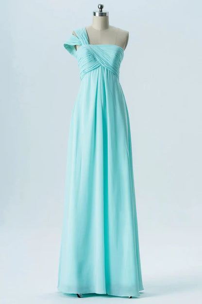 Aqua Blue Chiffon One-Shoulder Double Straps Backless Pleats Bridesmaid Dress