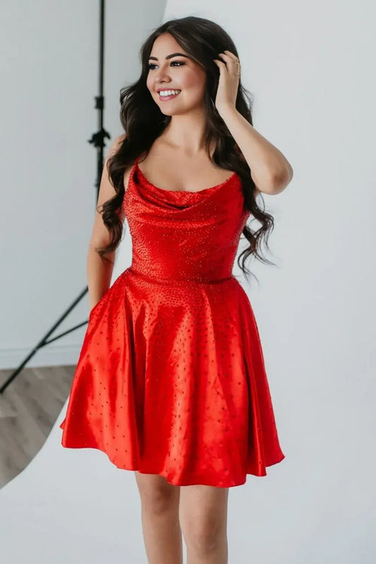 Cute A Line Cowl Neck Red Spaghetti Strap Satin Homecoming Dresses With Beaded