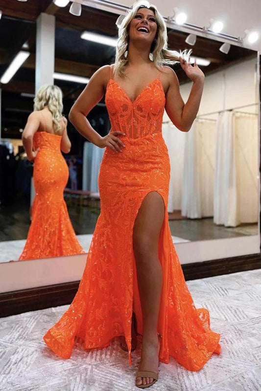 Gorgeous Mermaid Orange V-Neck Spaghetti Strap Sequins Lace Long Prom Dresses with Side Slit