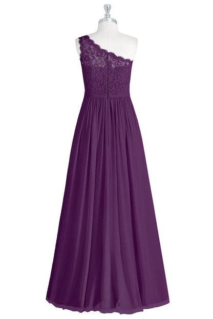 Purple Lace One-Shoulder Sleeveless A-Line Long  Chiffon Bridesmaid Dress with Slit