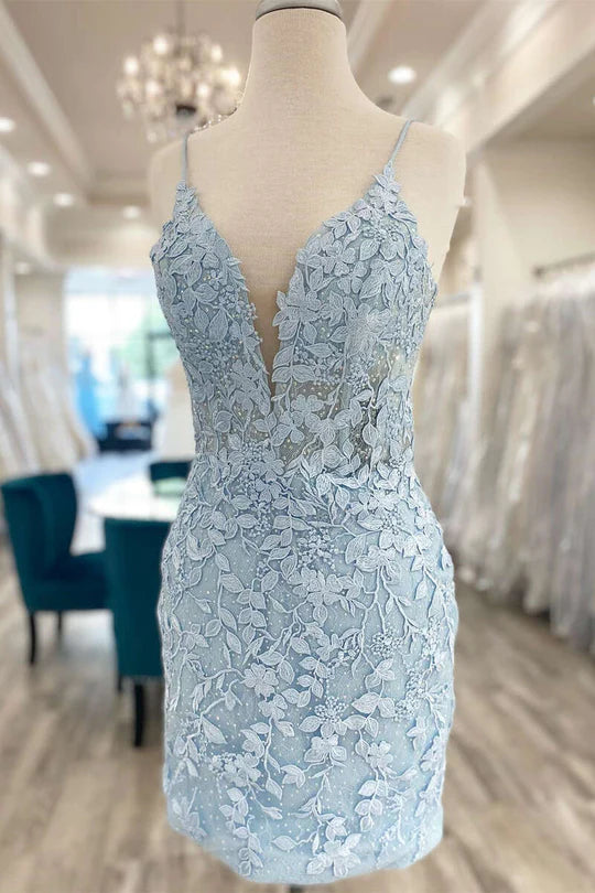 Cute Bodycon V Neck Light Blue Backless Lace Homecoming Dresses with Beading