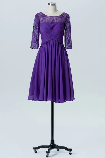 Purple Embroidered Classic fit Half Sleeves A-Line Chiffon Short Bridesmaid Dress