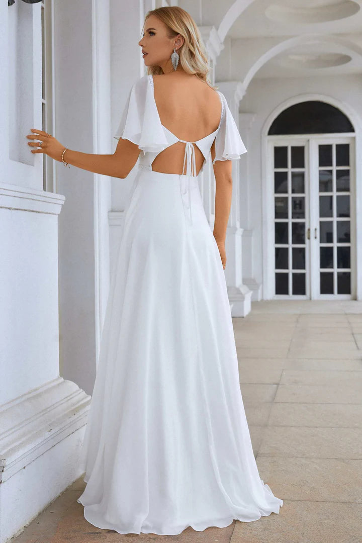 Chiffon Tie-Back A-Line Long Dress with Flutter Sleeves