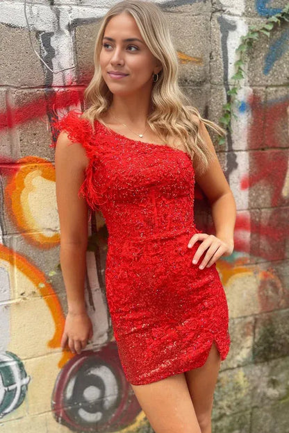 Cute Bodycon One Shoulder Red Sequins Short Homecoming Dresses with Appliques