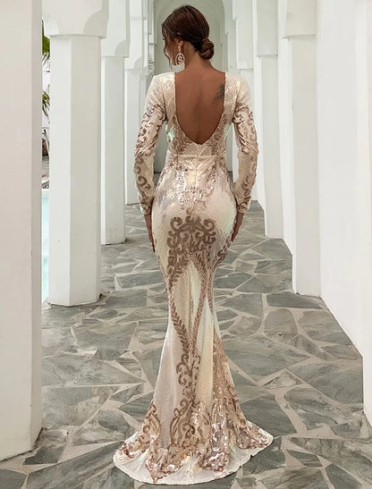 Mermaid / Trumpet Evening Gown Sexy Dress Formal Sweep / Brush Train Long Sleeve Jewel Neck Polyester Backless with Sequin