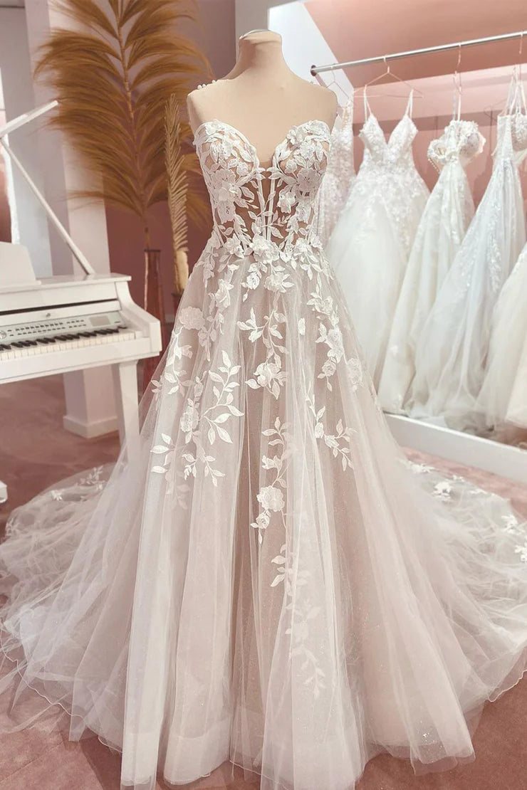 Elegant A Line V-Neck Off-the-Shoulder Sweetheart Tulle Wedding Dresses with Appliques