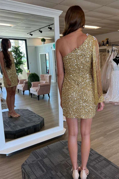 Sparkly One Shoulder Gold Sequins Short Homecoming Dresses with Beading