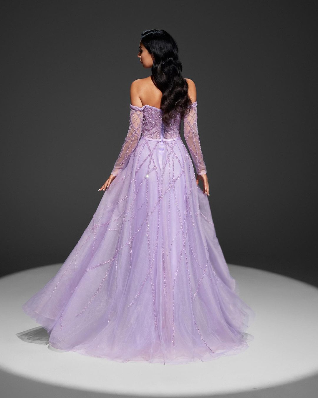 Sheath Mermaid Sparking Beaded Mesh Strapless Off the Shoulder Sequin Prom Dress With Long Sleeve