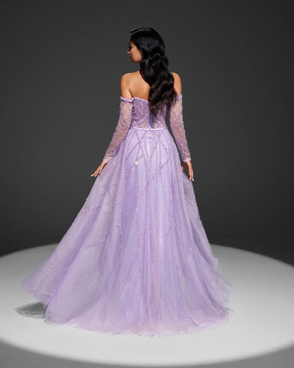 Sheath Mermaid Sparking Beaded Mesh Strapless Off the Shoulder Sequin Prom Dress With Long Sleeve