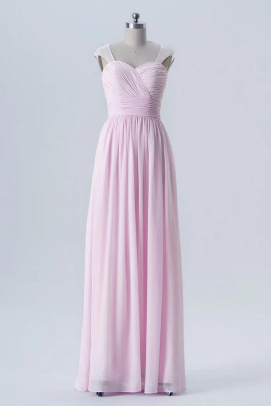 Pink Sweetheart Chiffon Sheer Straps Retract your waist Bridesmaid Dress