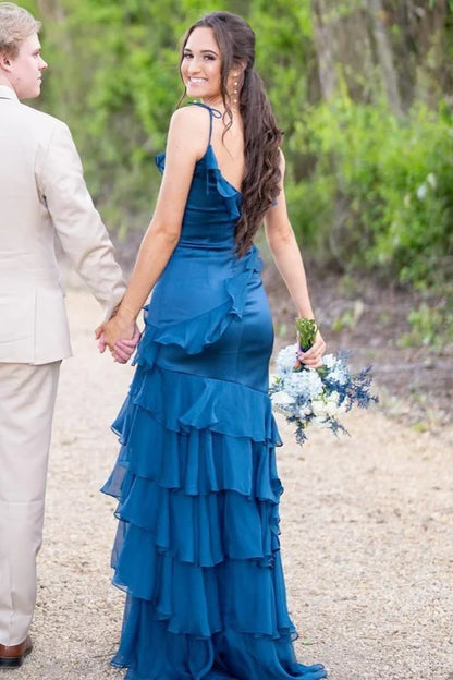 V-Neck Ruffle Long Prom Dress with Slit