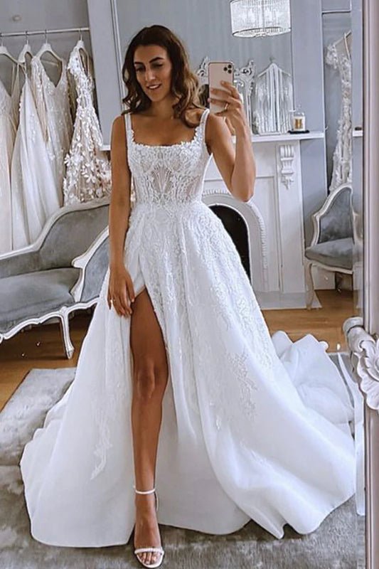 Gorgeous Ball Gwon Square Neck Spaghetti Strap Organza Long Wedding Dresses with Appliques
