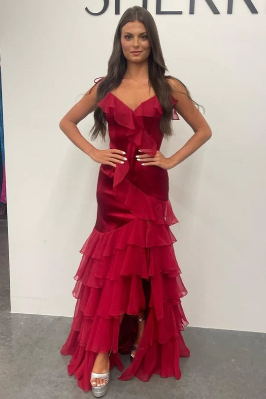 V-Neck Ruffle Long Prom Dress with Slit