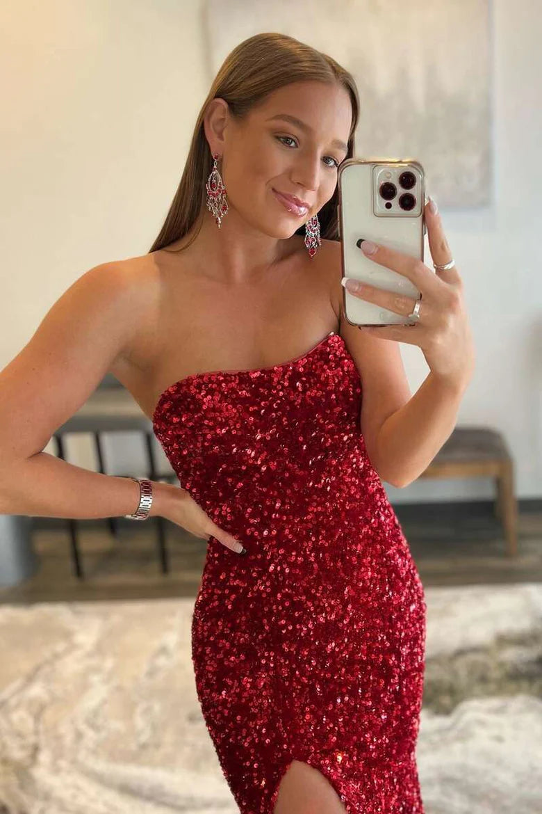 Sequin Strapless Mermaid Long Prom Dress