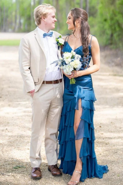 V-Neck Ruffle Long Prom Dress with Slit