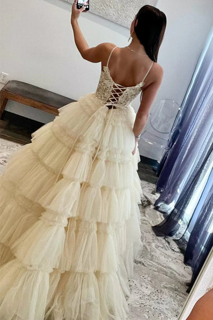 Beaded Spaghetti Strap Ruffle Tiered Ball Gown