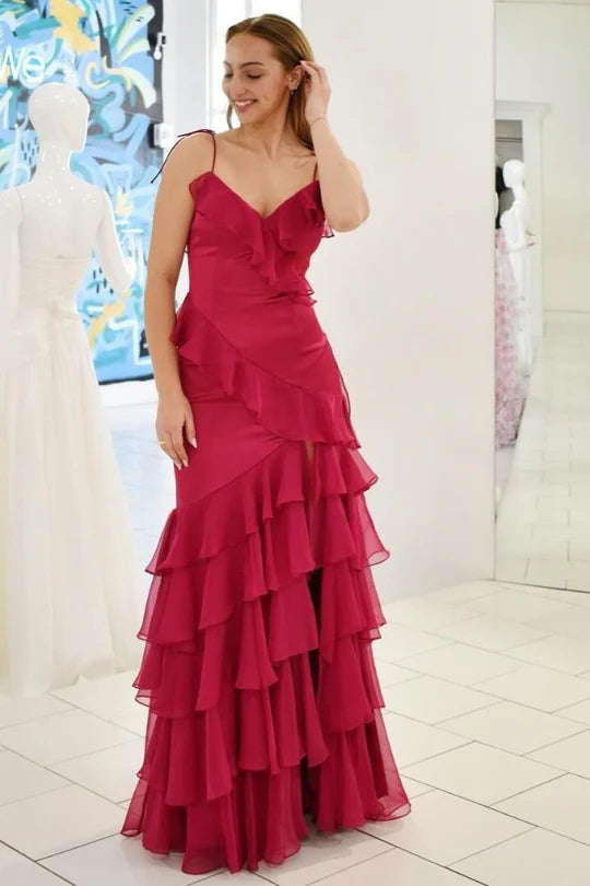 V-Neck Ruffle Long Prom Dress with Slit